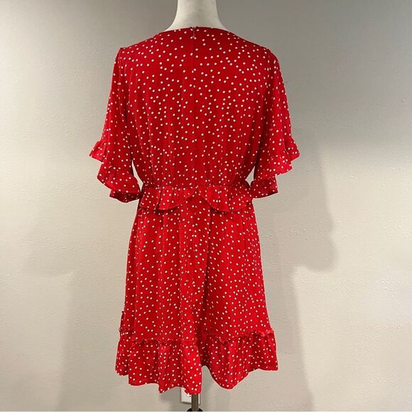 Red Polka Dot v-neck Ruffle short sleeves mini Dress size medium - Picture 5 of 11